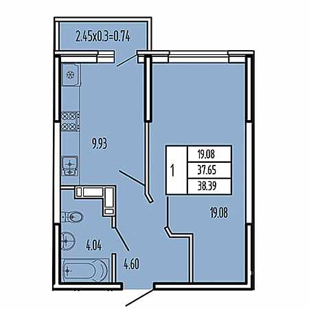 1 комнатная 38.39м²