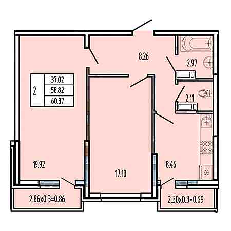 2 комнатная 60.37м²