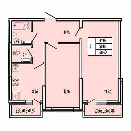 2 комнатная 60.43м²