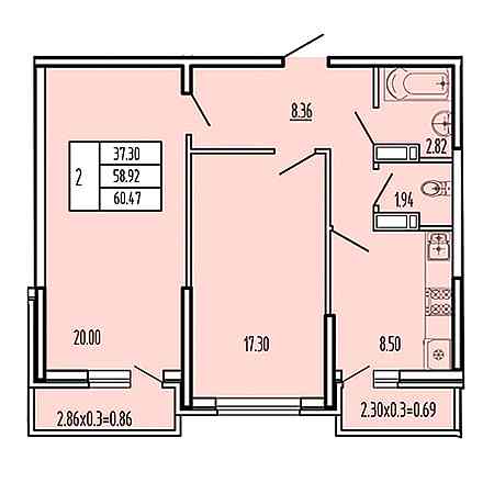 2 комнатная 60.47м²