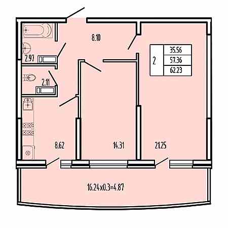 2 комнатная 62.23м²