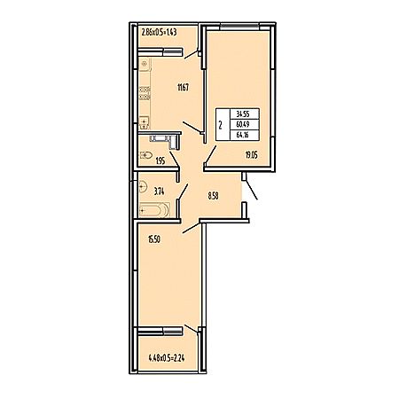 2 комнатная 64.16м²