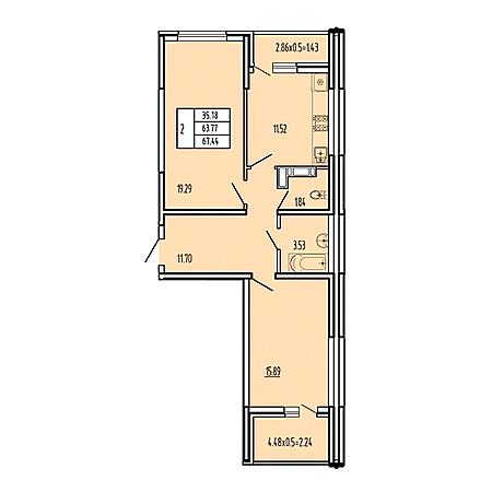 2 комнатная 67.44м²