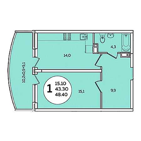 1 комнатная 48.4м²