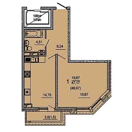 1 комнатная 48.67м²