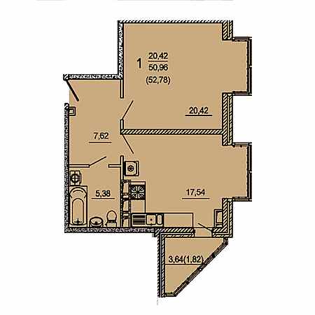 1 комнатная 52.78м²