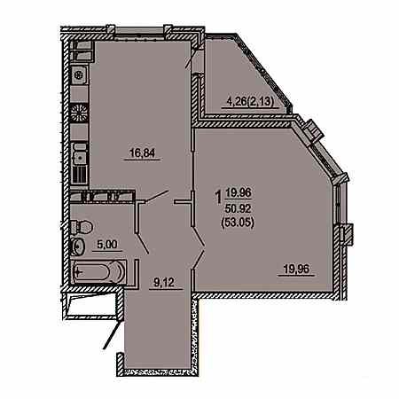 1 комнатная 53.05м²