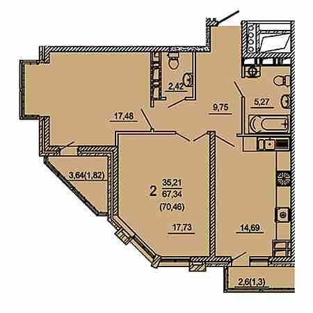 2 комнатная 70.46м²