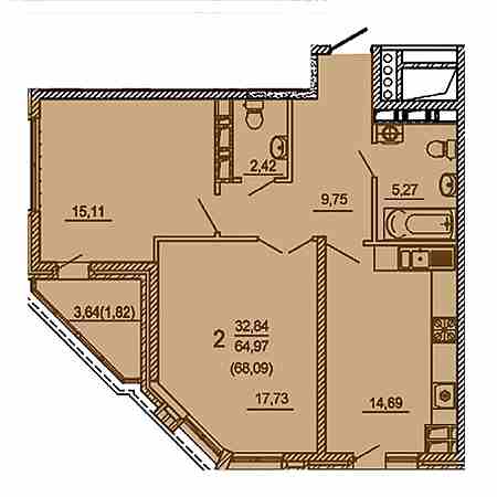 2 комнатная 68.09м²