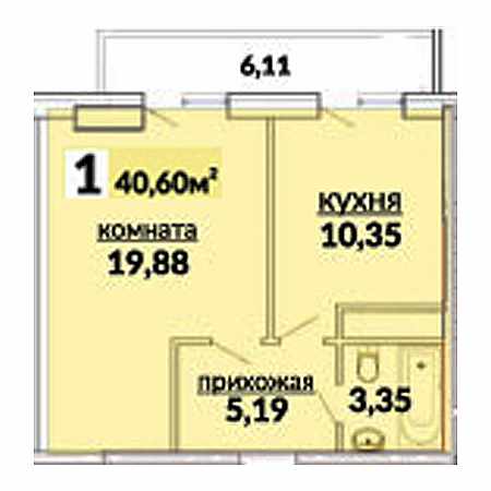 1 комнатная 40.6м²