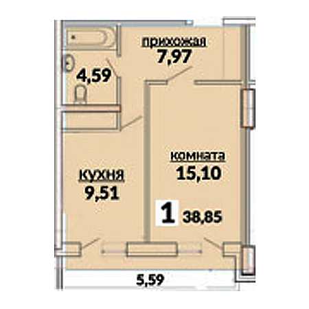 1 комнатная 38.85м²