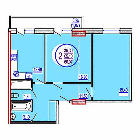 2 комнатная 66.97м²