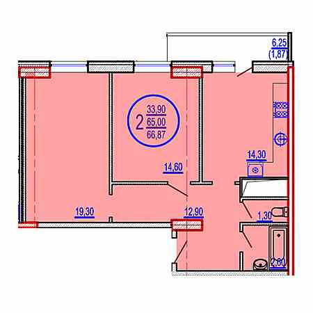 2 комнатная 66.87м²