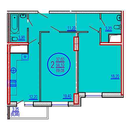 2 комнатная 69.08м²