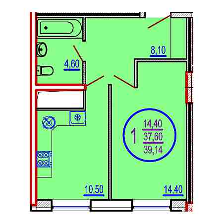 1 комнатная 39.14м²