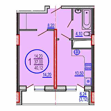 1 комнатная 40.12м²