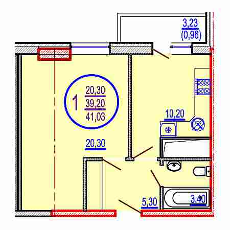 1 комнатная 41.03м²