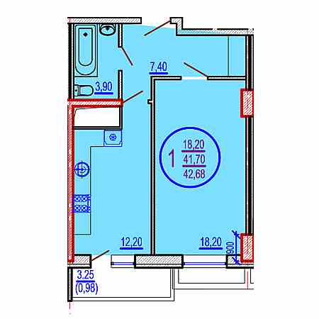 1 комнатная 42.68м²