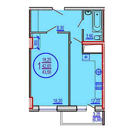 1 комнатная 43.58м²