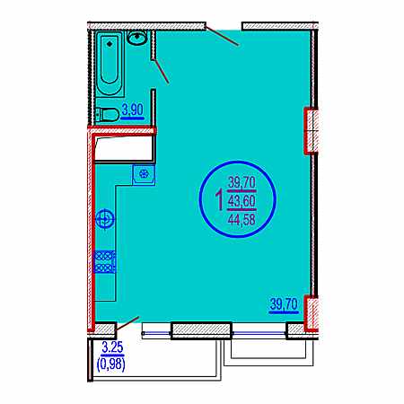 1 комнатная 44.58м²