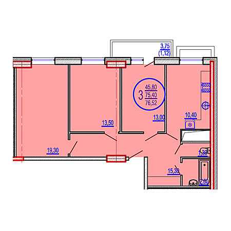 3 комнатная 76.52м²