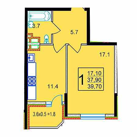 1 комнатная 39.7м²