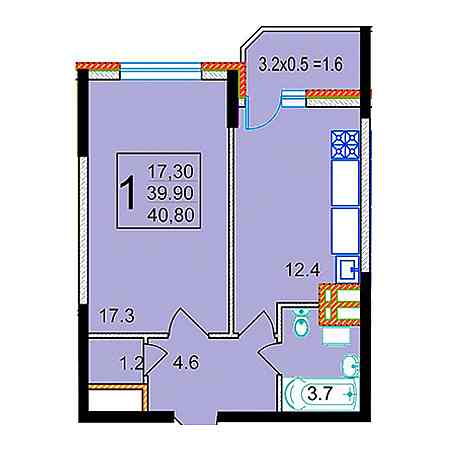 1 комнатная 40.8м²