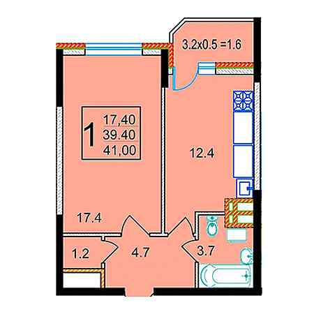 1 комнатная 41м²