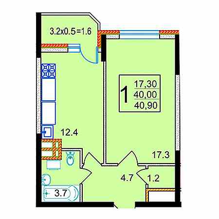 1 комнатная 41.9м²