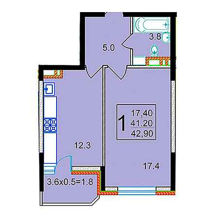 1 комнатная 42.9м²