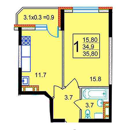 1 комнатная 35.8м²