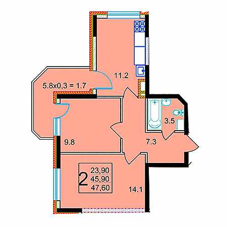 2 комнатная 47.6м²