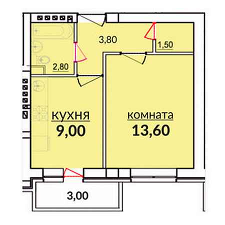 1 комнатная 33.7м²