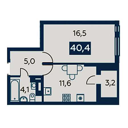 1 комнатная 40.4м²