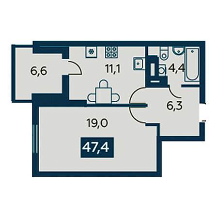 1 комнатная 47.4м²