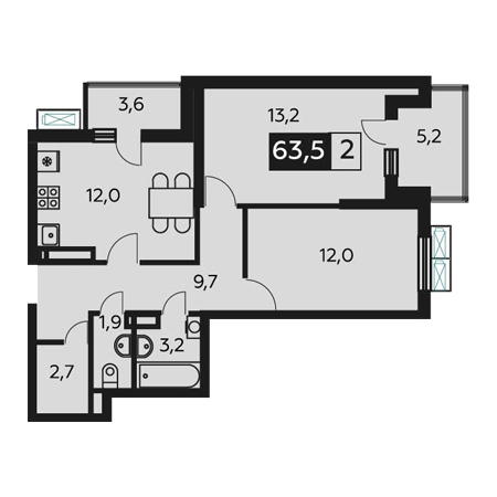 2 комнатная 63.8м²