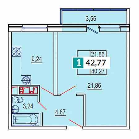 1 комнатная 42.77м²