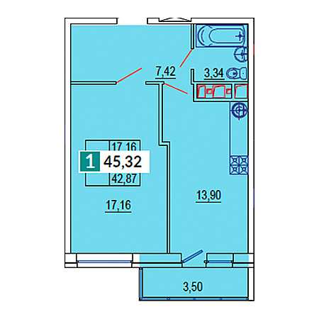 1 комнатная 45.32м²