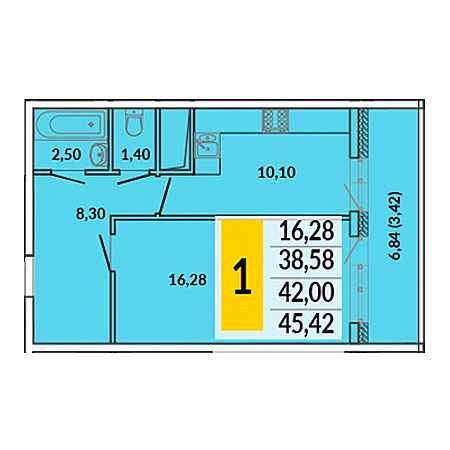 1 комнатная 45.42м²