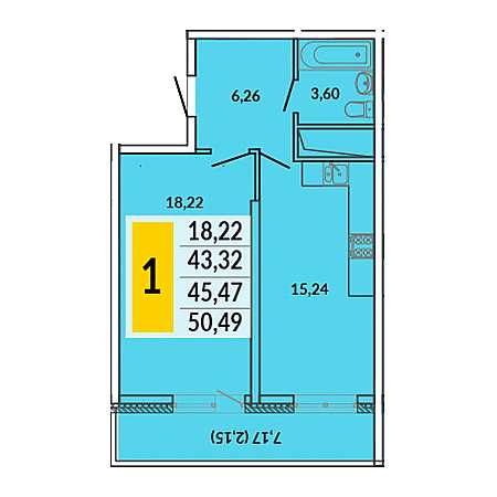 1 комнатная 50.49м²