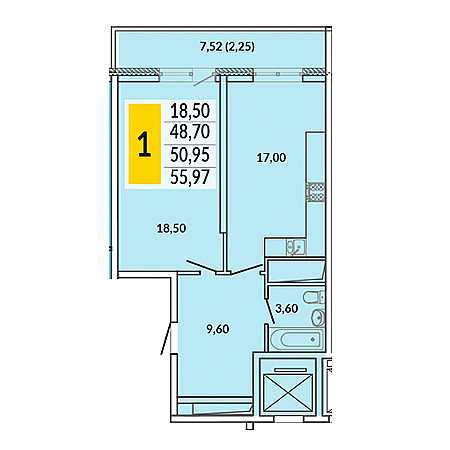 1 комнатная 55.97м²