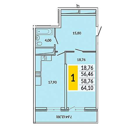 1 комнатная 64.1м²