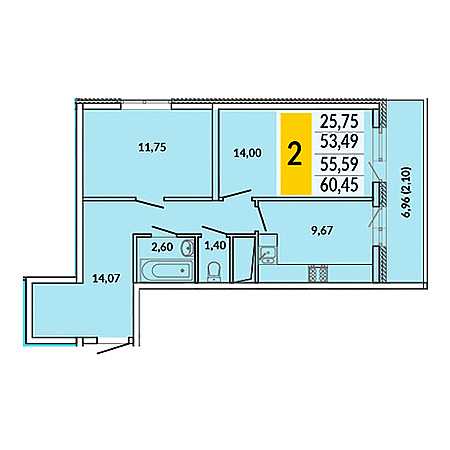 2 комнатная 60.45м²