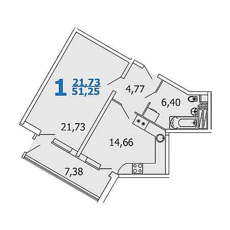 1 комнатная 51.25м²