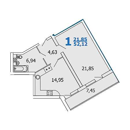 1 комнатная 52.12м²