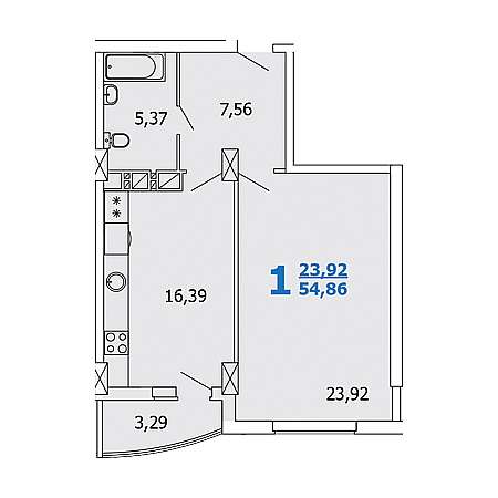 1 комнатная 54.86м²