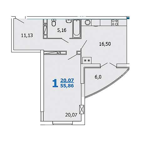 1 комнатная 55.86м²