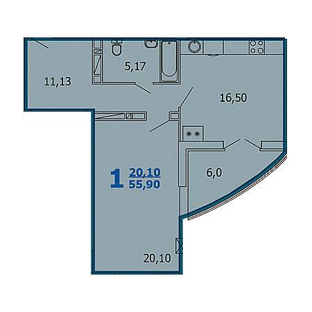 1 комнатная 55.9м²