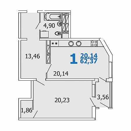 1 комнатная 62.37м²