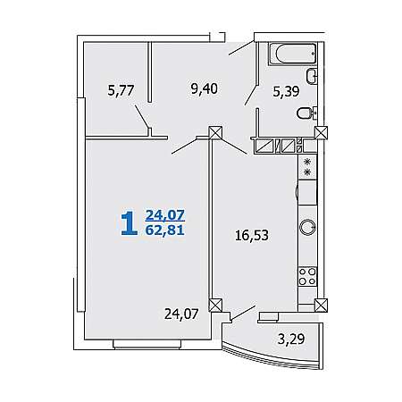 1 комнатная 62.81м²